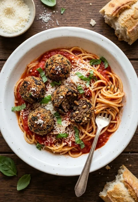 Veggie aubergine meatballs on spaghetti with tomato sauce grated cheese and basil in a white bowl
