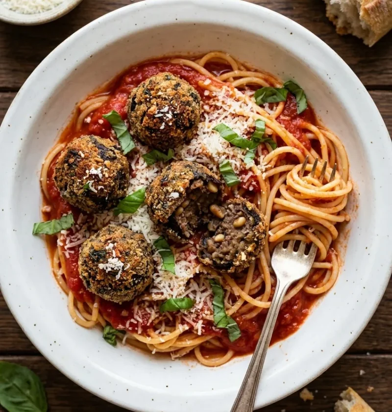 Veggie aubergine meatballs on spaghetti with tomato sauce grated cheese and basil in a white bowl