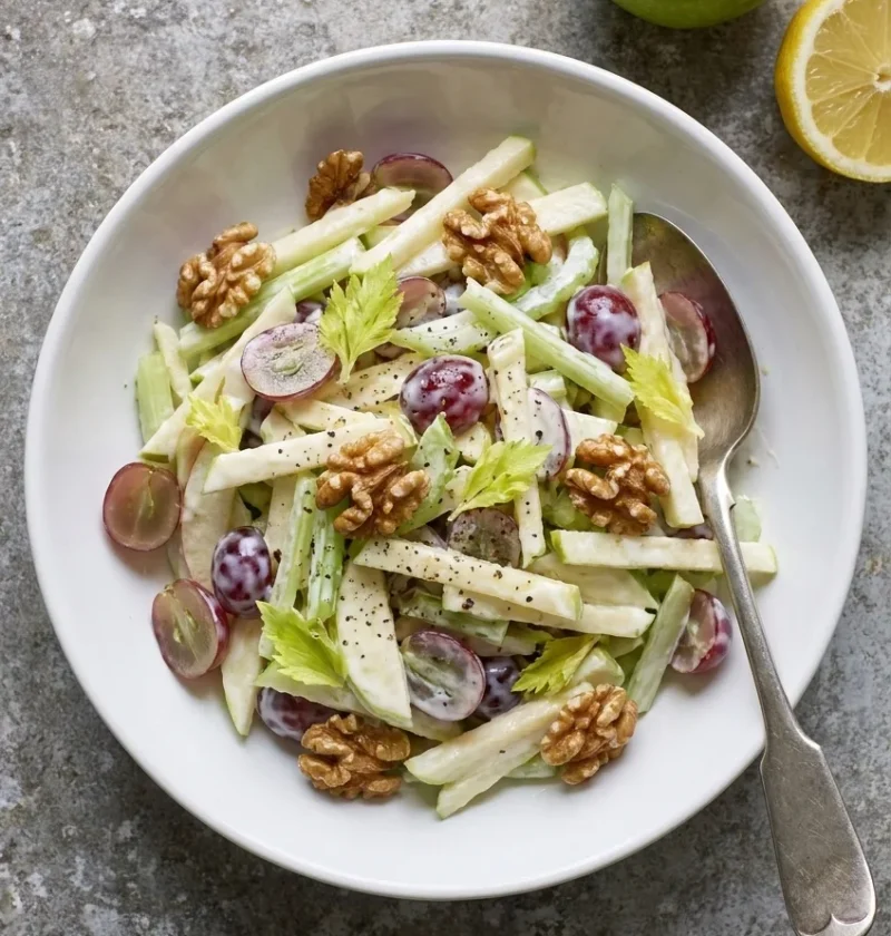 Waldorf salad with sliced apple, celery, red grapes, toasted walnuts and homemade mayo in a white bowl