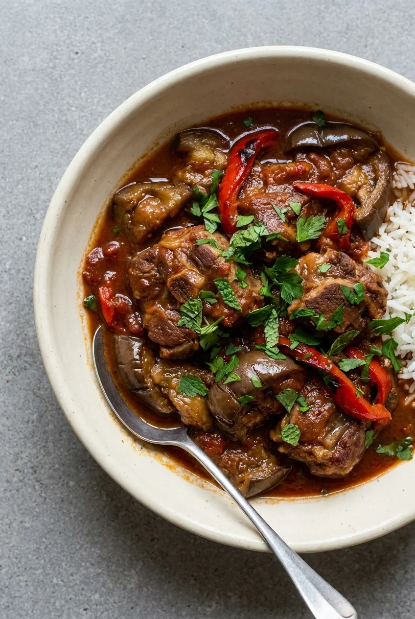 Lamb and aubergine casserole in a rich red wine and tomato sauce with roasted red peppers