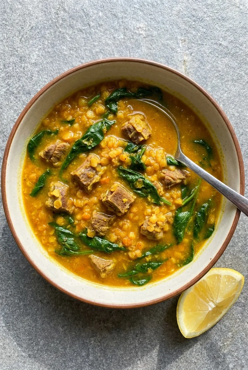 Lamb lentil and spinach soup, a golden spiced broth with diced lamb, red lentils and wilted spinach