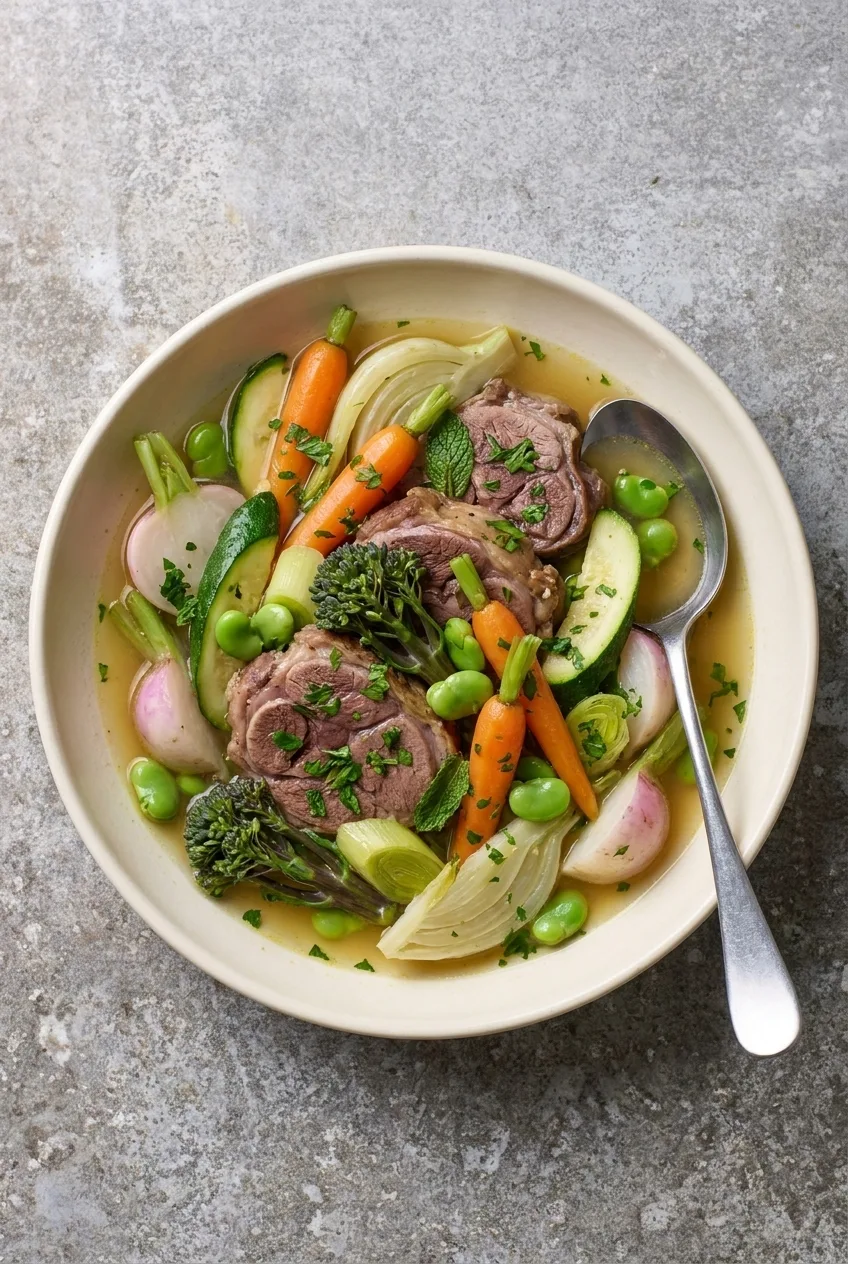 Lamb with spring vegetables in a golden broth with carrots, fennel, courgette and broad beans
