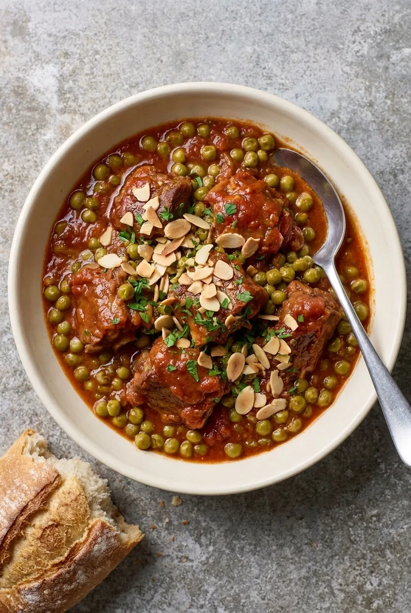 Spanish lamb with peas in a thick tomato sauce topped with toasted almonds and parsley