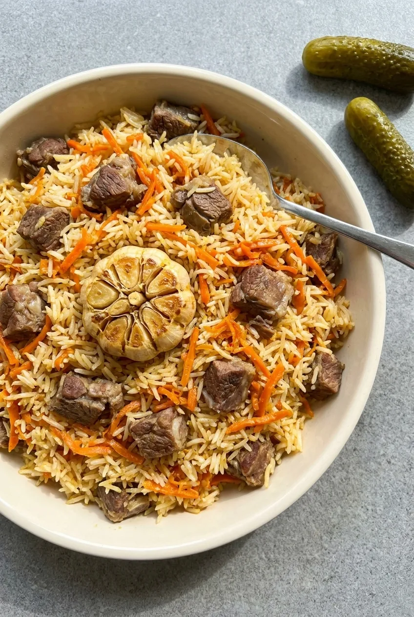 Uzbek plov with diced lamb, golden rice, grated carrot and a whole roasted garlic head