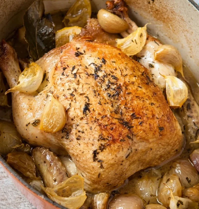 Hairy Bikers 40 cloves of garlic chicken, a whole browned chicken with soft garlic and shallots in a casserole