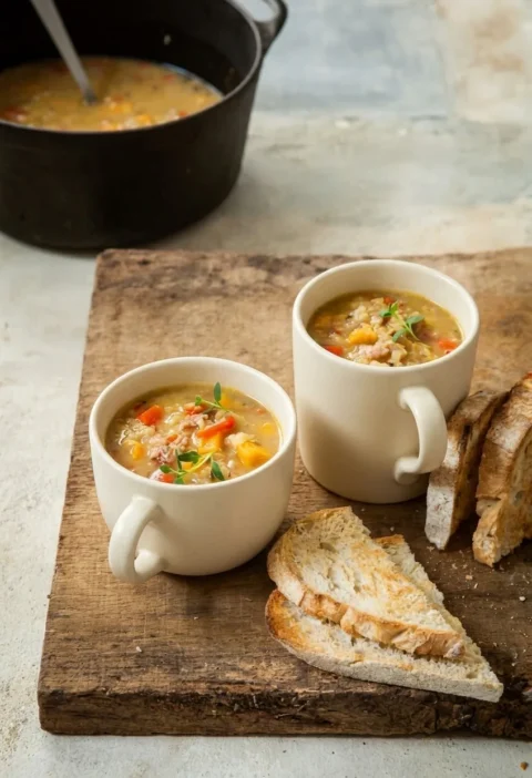 Hairy Bikers lentil and bacon soup in two cream mugs on a wooden board with toasted bread