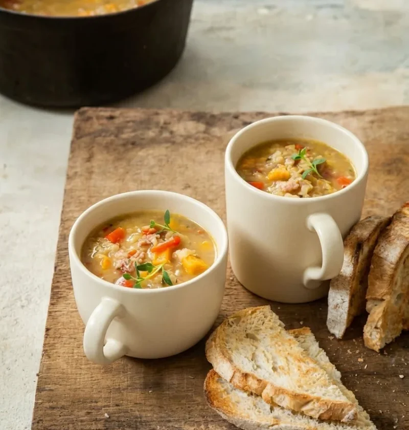 Hairy Bikers lentil and bacon soup in two cream mugs on a wooden board with toasted bread