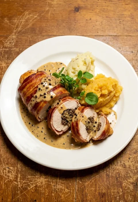 Balmoral chicken sliced to show the haggis stuffing, wrapped in bacon with a peppercorn whisky sauce and neeps and tatties