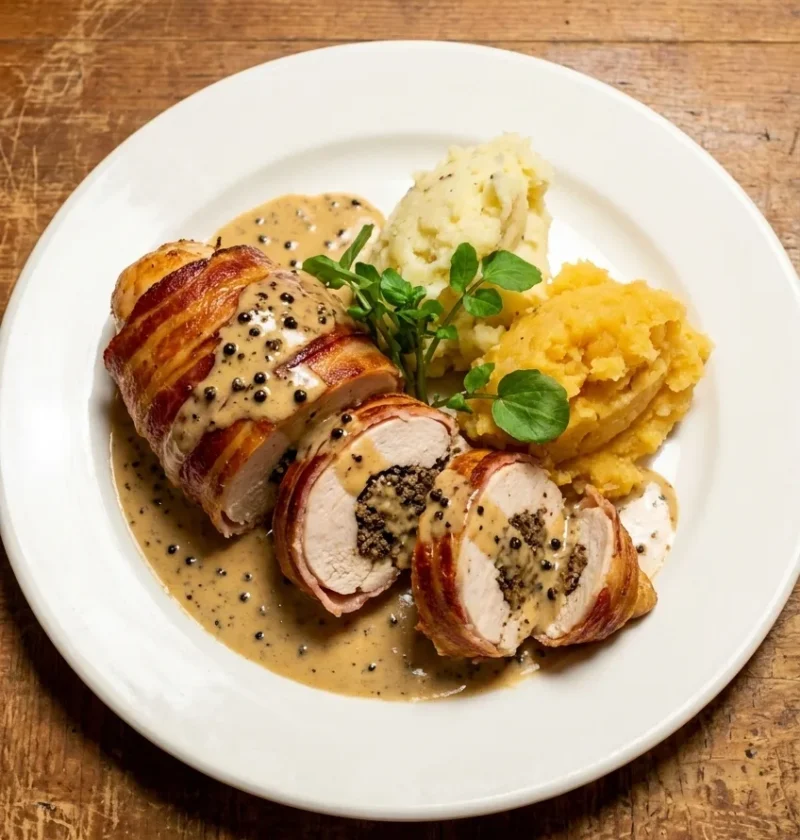Balmoral chicken sliced to show the haggis stuffing, wrapped in bacon with a peppercorn whisky sauce and neeps and tatties