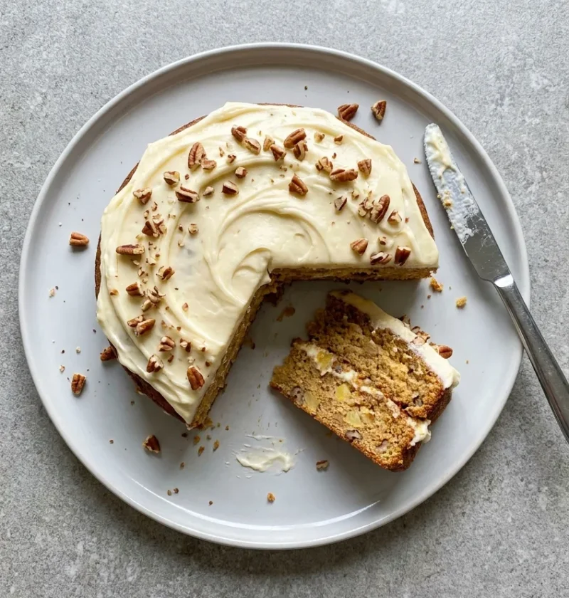 Hairy Bikers banana and pineapple cake with cream cheese icing and pecans, one slice cut showing two sponge layers