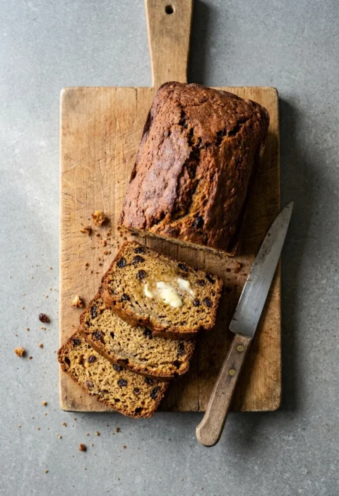 Hairy Bikers banana bread loaf sliced on a wooden board, showing raisins in the crumb with one buttered slice
