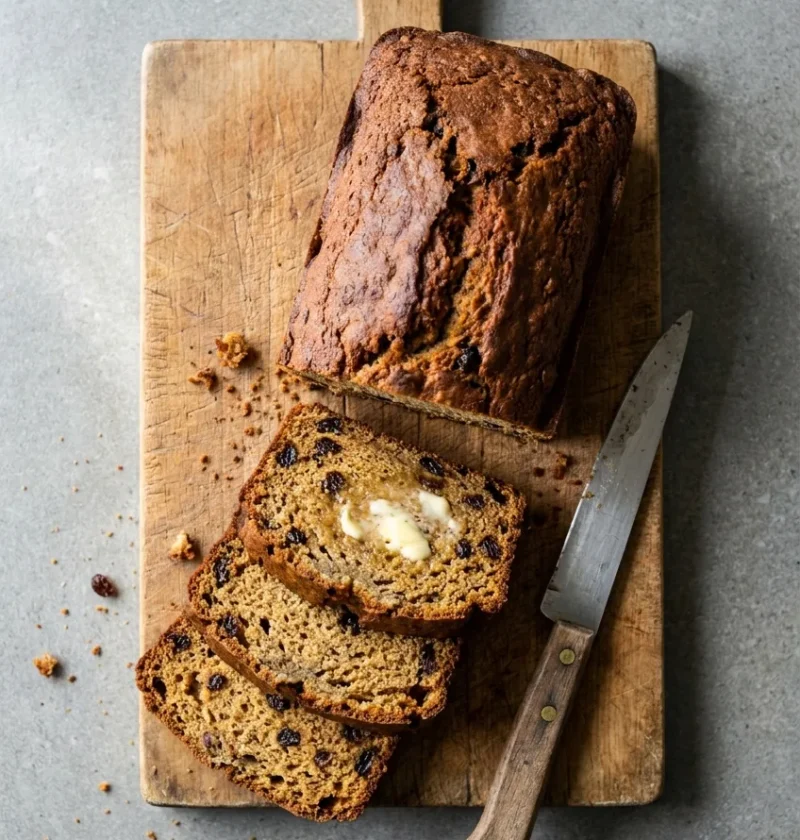Hairy Bikers banana bread loaf sliced on a wooden board, showing raisins in the crumb with one buttered slice