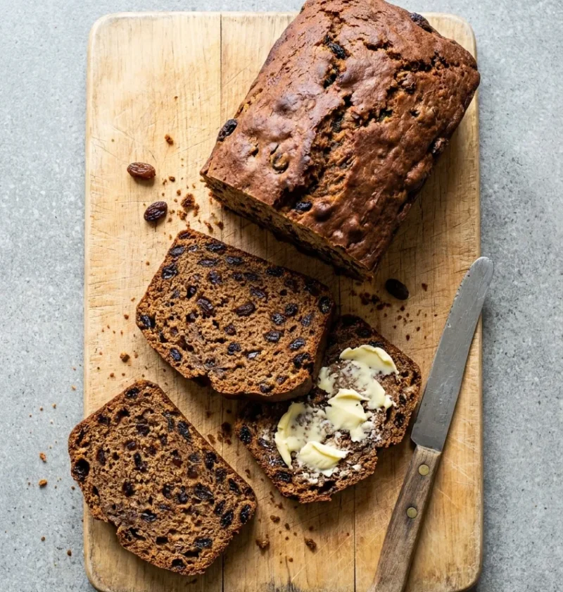 Hairy Bikers bara brith Welsh tea loaf sliced on a wooden board, showing dried fruit through the crumb with one buttered slice