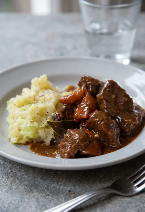 Hairy Bikers beef and ale casserole on a plate with leek mash, chunks of lean beef and sliced carrots in dark ale gravy with a bay leaf