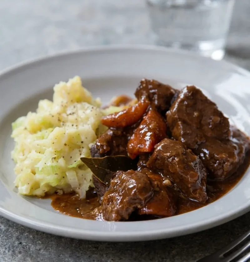 Hairy Bikers beef and ale casserole on a plate with leek mash, chunks of lean beef and sliced carrots in dark ale gravy with a bay leaf