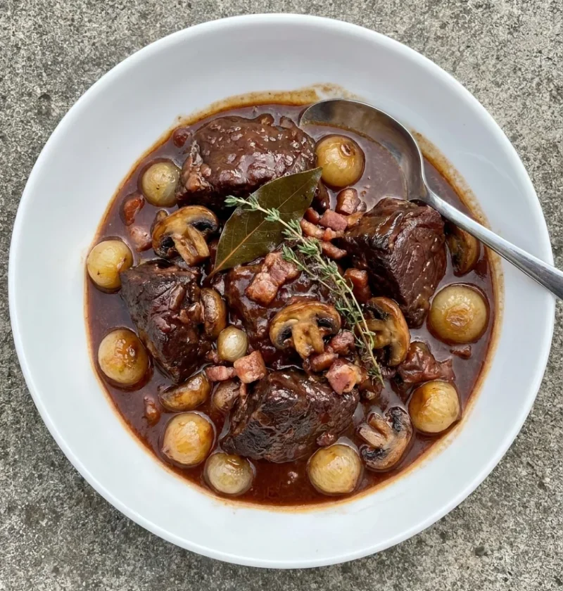 Beef bourguignon in a white bowl with baby onions, mushrooms, and thyme