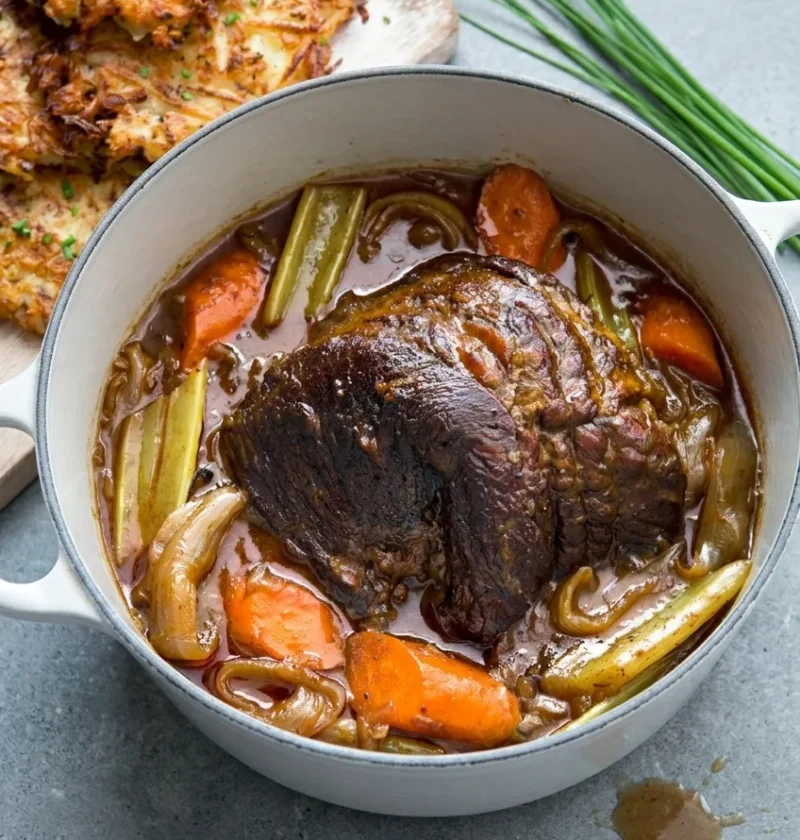 Hairy Bikers beef brisket pot roast, whole browned joint in a casserole with carrots, celery and onion wedges in dark gravy, potato latkes behind