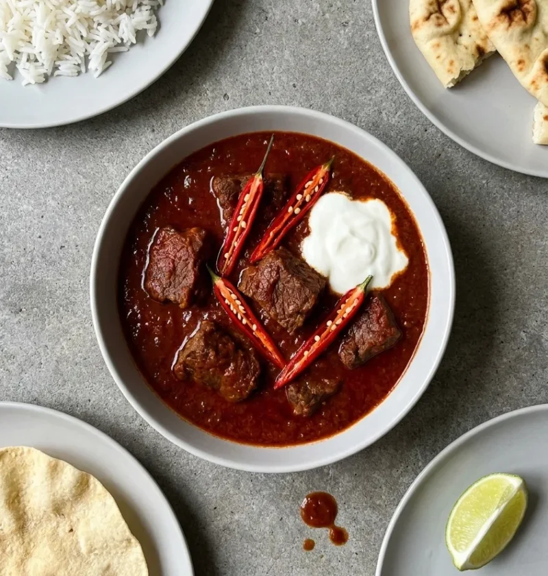 Hairy Bikers beef madras curry, tender braising steak chunks in a thick deep red spiced tomato sauce with whole split red chillies and natural yoghurt on a grey plate