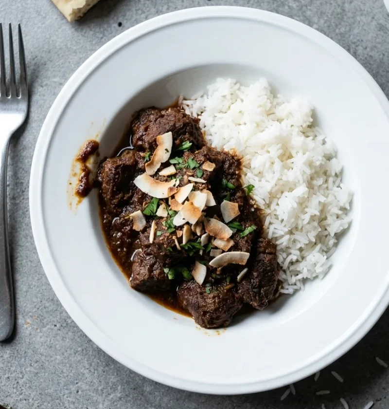 Hairy Bikers beef rendang in a bowl with jasmine rice, chunks of slow-cooked beef in thick dark coconut sauce topped with toasted coconut flakes