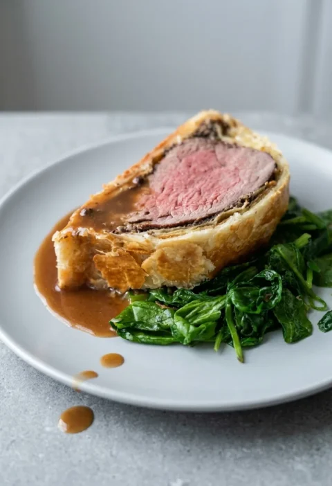 Hairy Bikers beef wellington slice with rare pink fillet inside golden puff pastry and a dark mushroom layer, Marsala sauce pooling beside wilted spinach on a grey plate