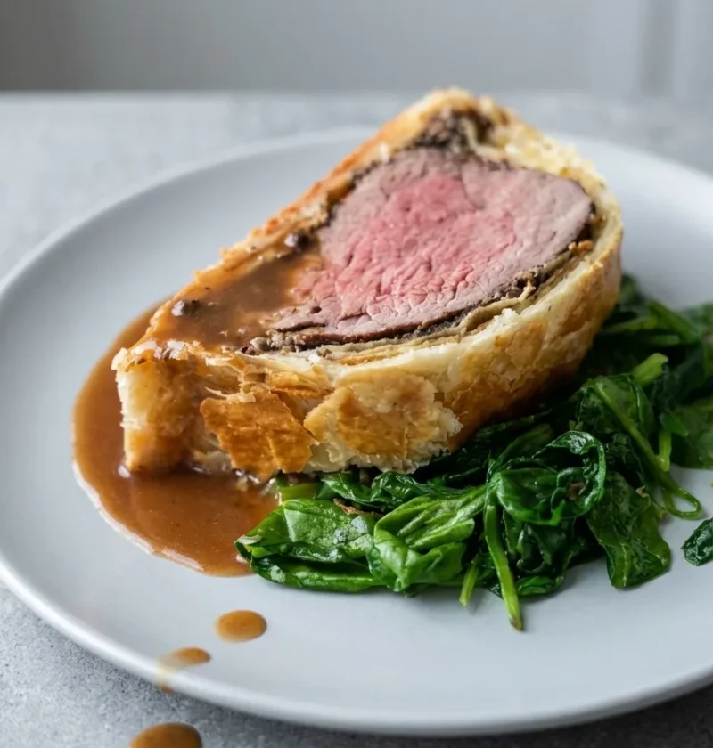 Hairy Bikers beef wellington slice with rare pink fillet inside golden puff pastry and a dark mushroom layer, Marsala sauce pooling beside wilted spinach on a grey plate