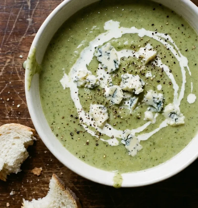 Hairy Bikers broccoli and stilton soup in a white bowl with crumbled Stilton, cream and crusty bread