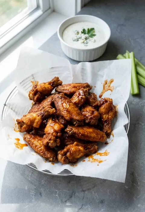 Buffalo chicken wings in a hot sauce coating, piled in a basket with a blue cheese dip and celery
