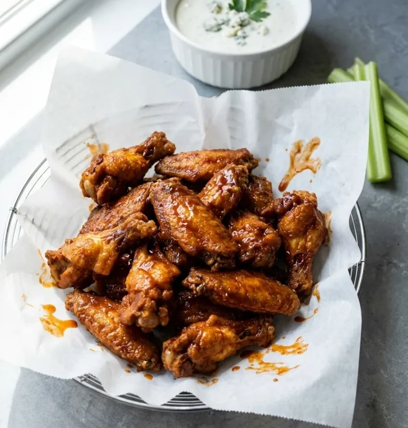 Buffalo chicken wings in a hot sauce coating, piled in a basket with a blue cheese dip and celery