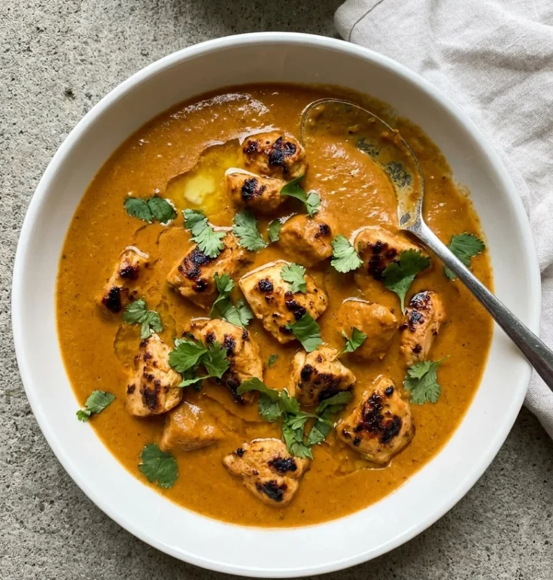 Butter chicken makhani in a white bowl with grilled chicken pieces in a smooth amber-orange ghee and cream sauce topped with fresh coriander and a bowl of rice
