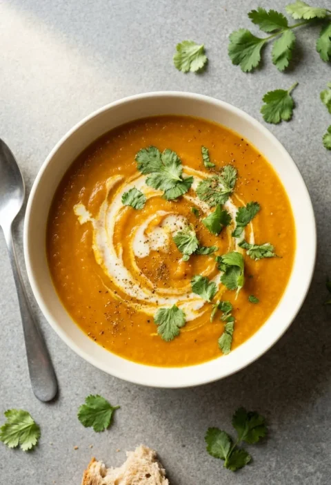 Hairy Bikers carrot and coriander soup in a cream bowl with a milk swirl and fresh coriander leaves