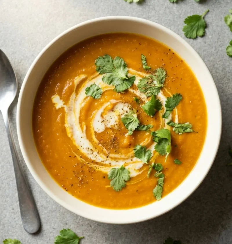 Hairy Bikers carrot and coriander soup in a cream bowl with a milk swirl and fresh coriander leaves