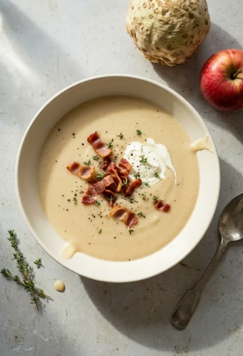 Hairy Bikers celeriac and apple soup in a cream bowl topped with crispy bacon and creme fraiche, whole celeriac and apple alongside