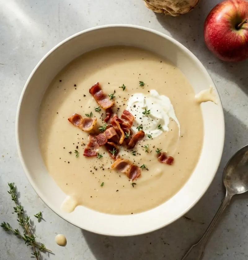 Hairy Bikers celeriac and apple soup in a cream bowl topped with crispy bacon and creme fraiche, whole celeriac and apple alongside