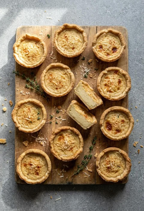 Hairy Bikers cheesy custard tarts with parmesan pastry and savoury custard dusted with cayenne, one broken open on a wooden board