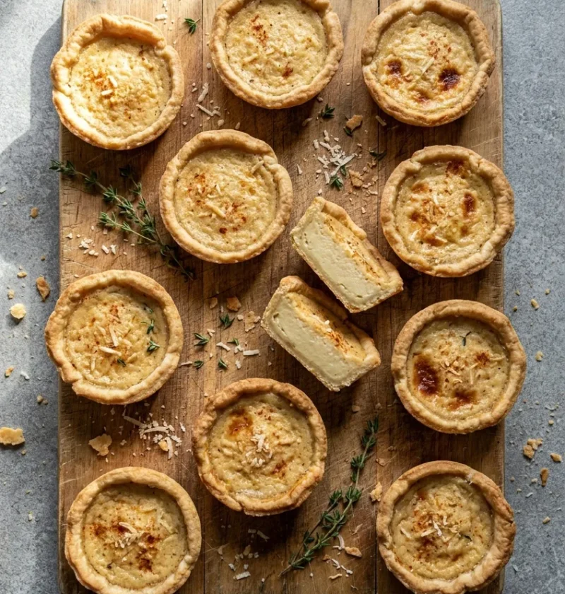 Hairy Bikers cheesy custard tarts with parmesan pastry and savoury custard dusted with cayenne, one broken open on a wooden board