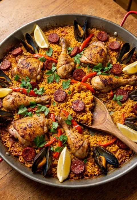 Chicken and chorizo paella in a pan with golden saffron rice, bone-in chicken, sliced chorizo, red peppers, mussels, and lemon wedges