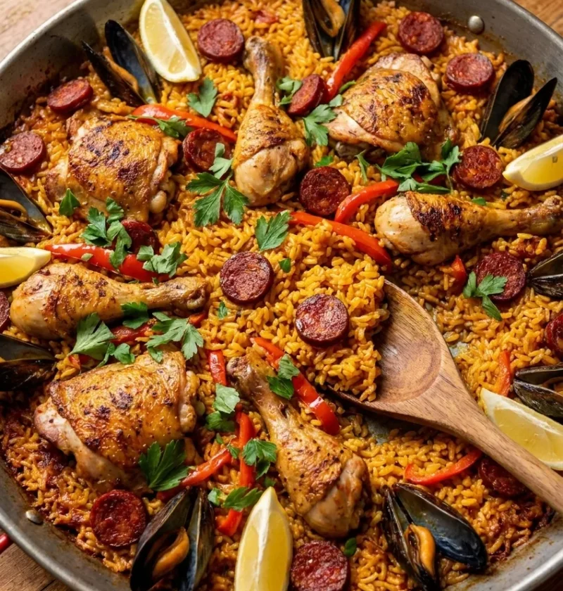 Chicken and chorizo paella in a pan with golden saffron rice, bone-in chicken, sliced chorizo, red peppers, mussels, and lemon wedges