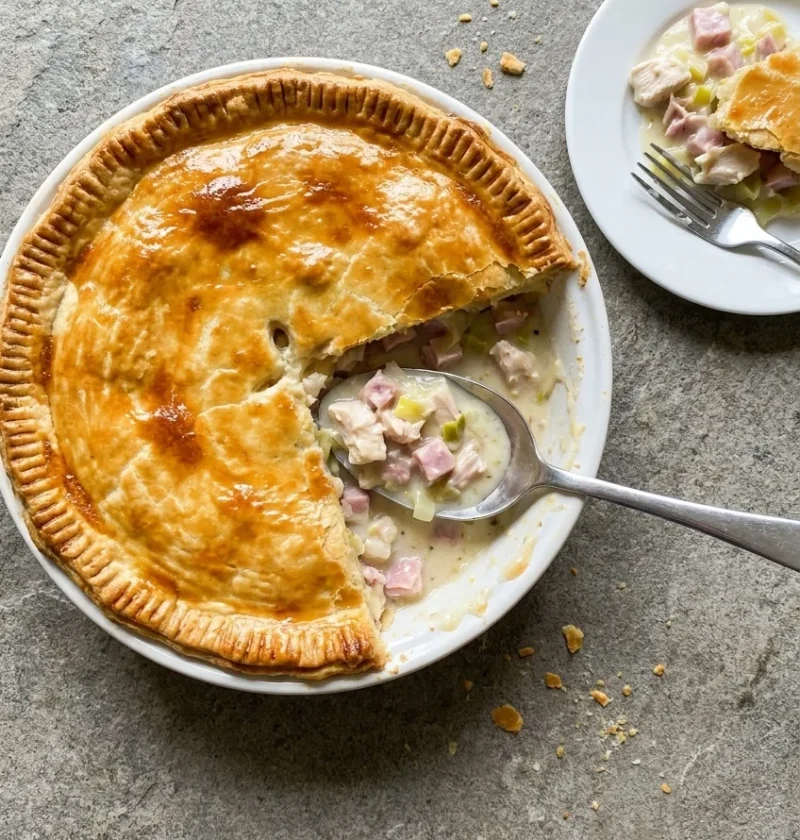 Chicken ham and leek pie with golden shortcrust pastry in a white dish with a slice cut showing creamy filling