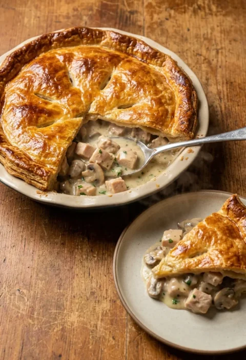 Golden double-crust chicken and mushroom pie cut open to show creamy chicken and mushroom béchamel filling