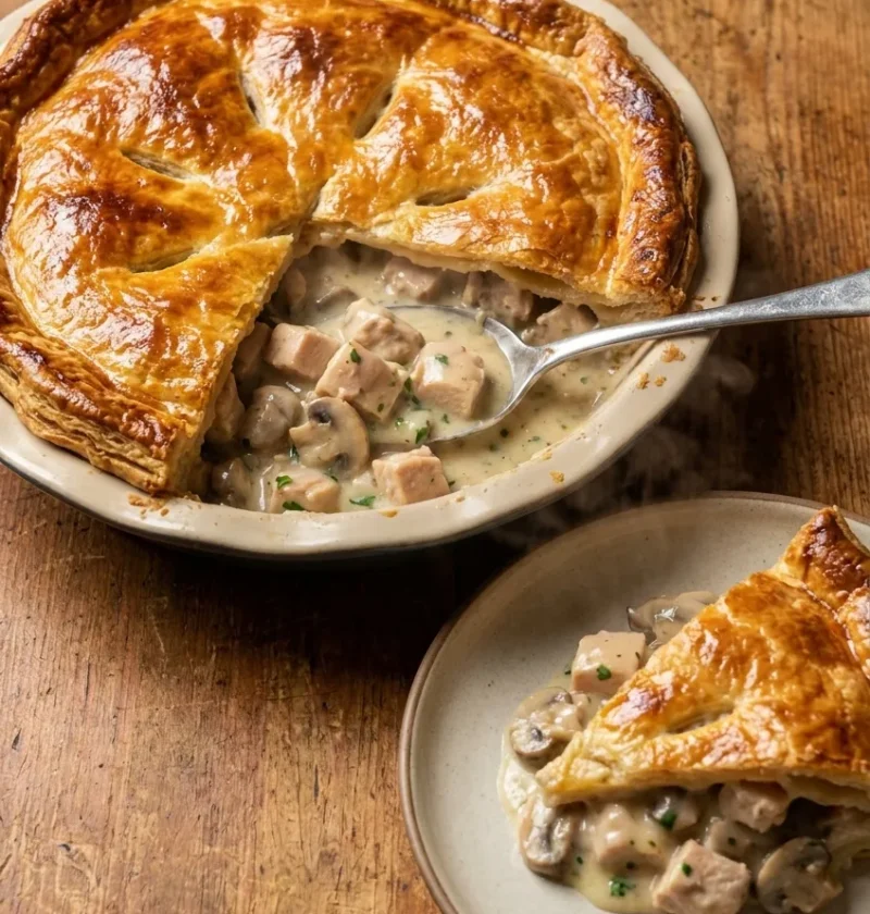 Golden double-crust chicken and mushroom pie cut open to show creamy chicken and mushroom béchamel filling