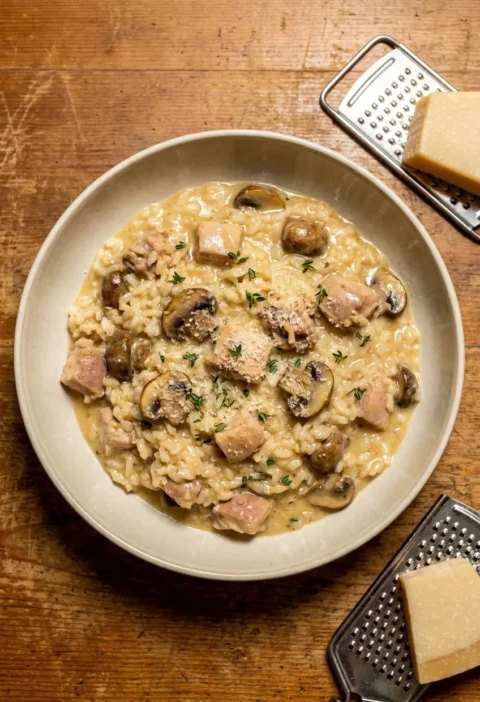 Creamy baked chicken and mushroom risotto with chestnut mushrooms, thyme, and Parmesan in a bowl