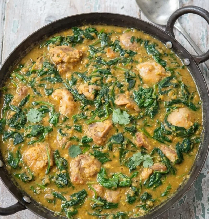 Hairy Bikers chicken and spinach curry with red lentils in an iron balti pan