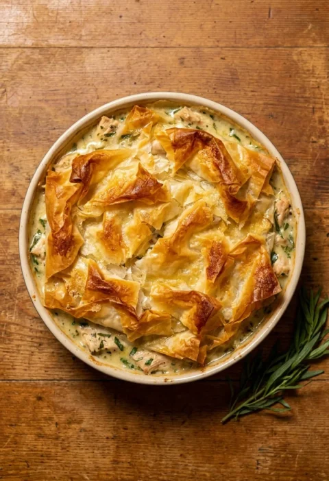 Chicken and tarragon pie with a crisp scrunched filo pastry topping over a creamy crème fraîche filling