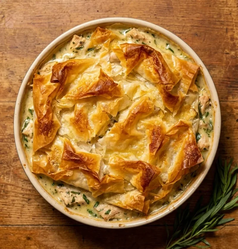 Chicken and tarragon pie with a crisp scrunched filo pastry topping over a creamy crème fraîche filling