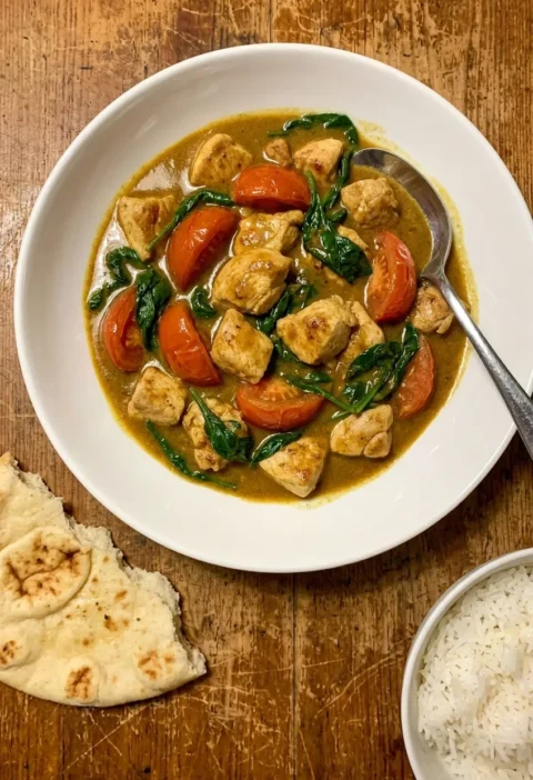 Chicken balti with spinach, quartered tomatoes, and a smooth curry sauce served with naan and rice