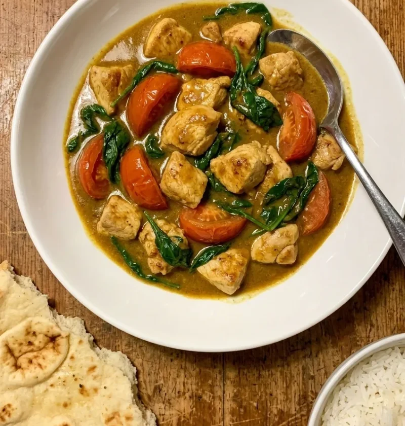 Chicken balti with spinach, quartered tomatoes, and a smooth curry sauce served with naan and rice