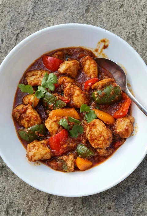 Hairy Bikers chicken bhuna in a bowl, chicken thighs with red, orange and green peppers in a thick spiced sauce, topped with coriander