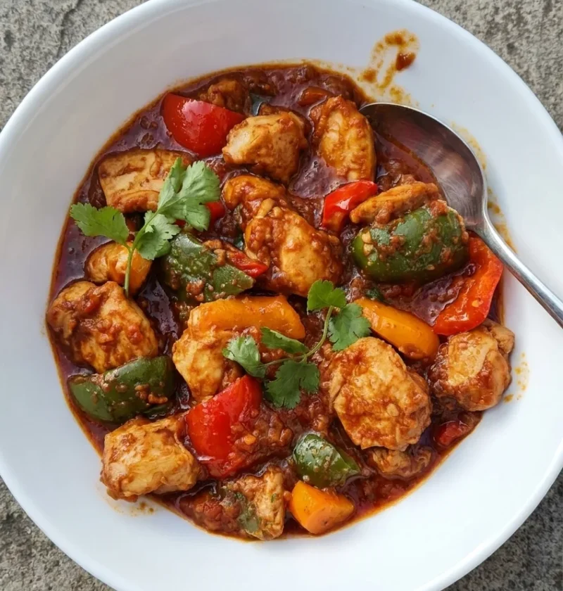 Hairy Bikers chicken bhuna in a bowl, chicken thighs with red, orange and green peppers in a thick spiced sauce, topped with coriander