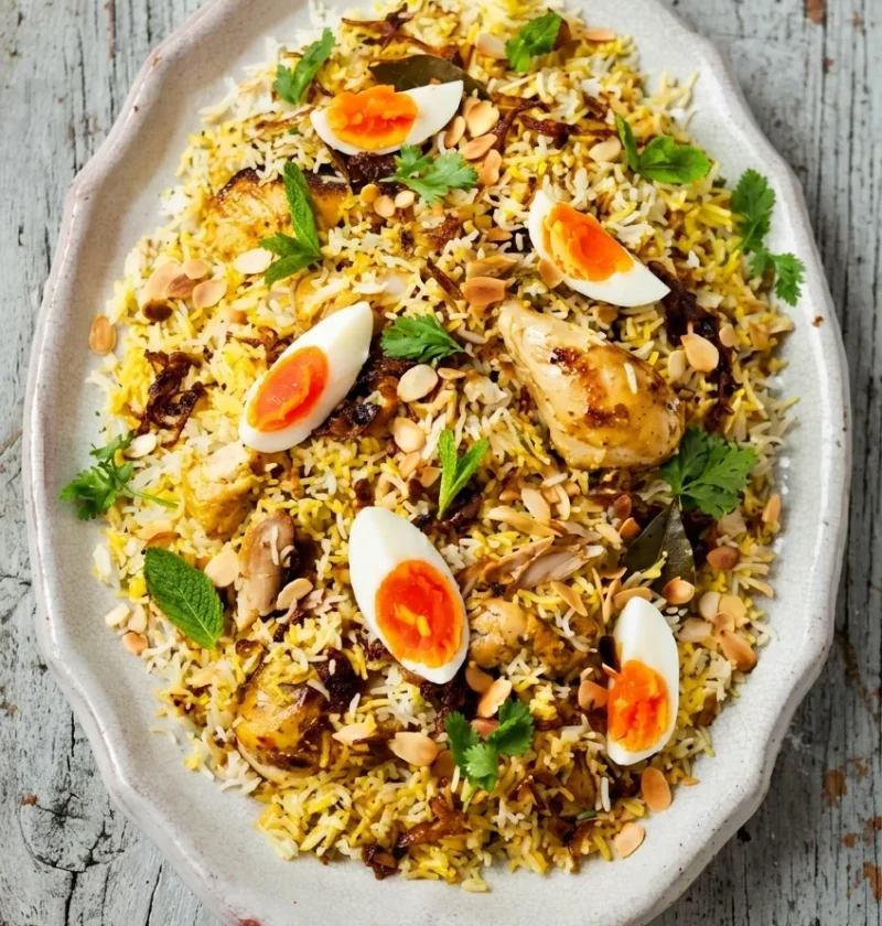 Hairy Bikers chicken biryani with saffron rice, eggs and toasted almonds on a platter