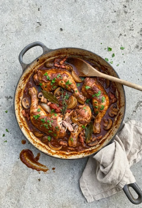 Chicken cacciatore in a cast iron pan with chicken legs in a dark red wine and tomato sauce with mushrooms, onion wedges, bacon, bay leaves, and parsley